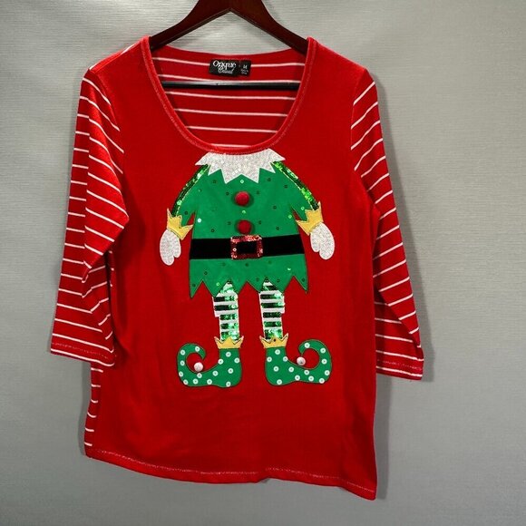 Onque Casual Sweater Womens Medium Ugly Christmas Xmas Red Stripe Elk Embellish - Picture 1 of 7